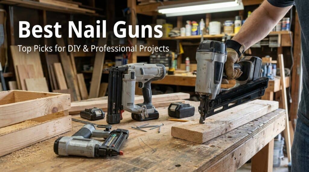 Person using a nail gun on wood in a workshop setting.