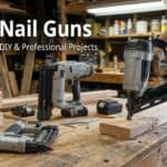 Person using a nail gun on wood in a workshop setting.