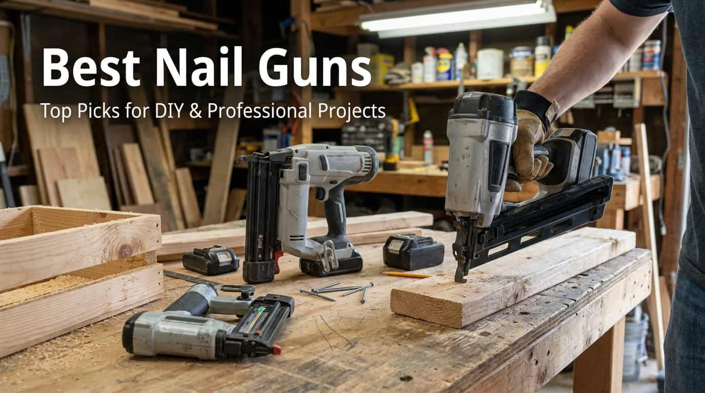 Person using a nail gun on wood in a workshop setting.