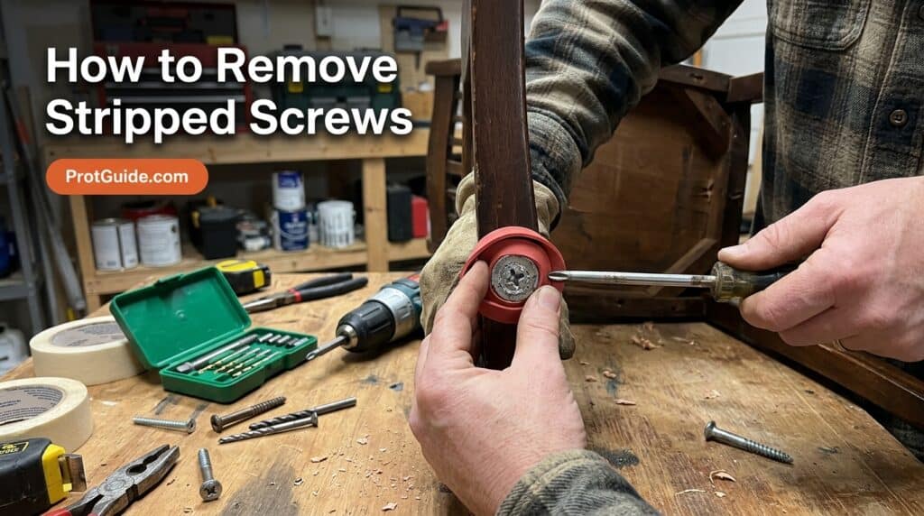 Person removing a stripped screw with a screwdriver in a woodworking workshop.