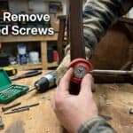 Person removing a stripped screw with a screwdriver in a woodworking workshop.