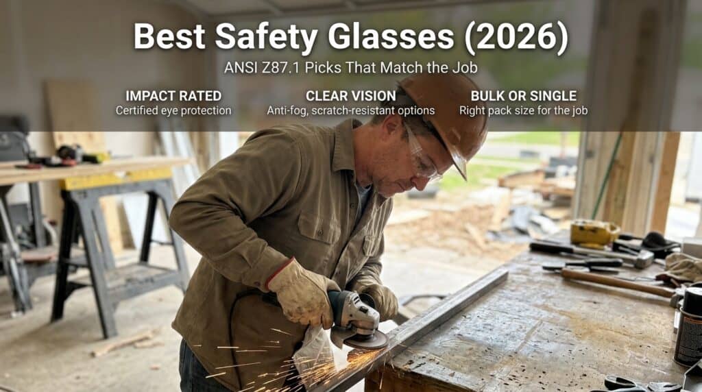 Worker wearing safety glasses while welding at construction site.