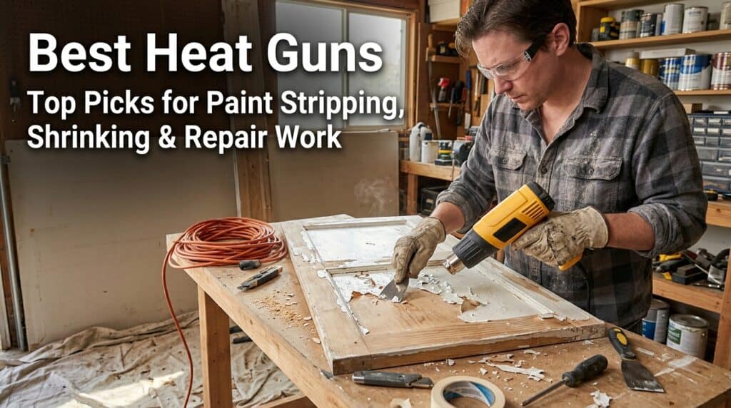 Man using a heat gun for paint removal and repair work on a wooden surface.