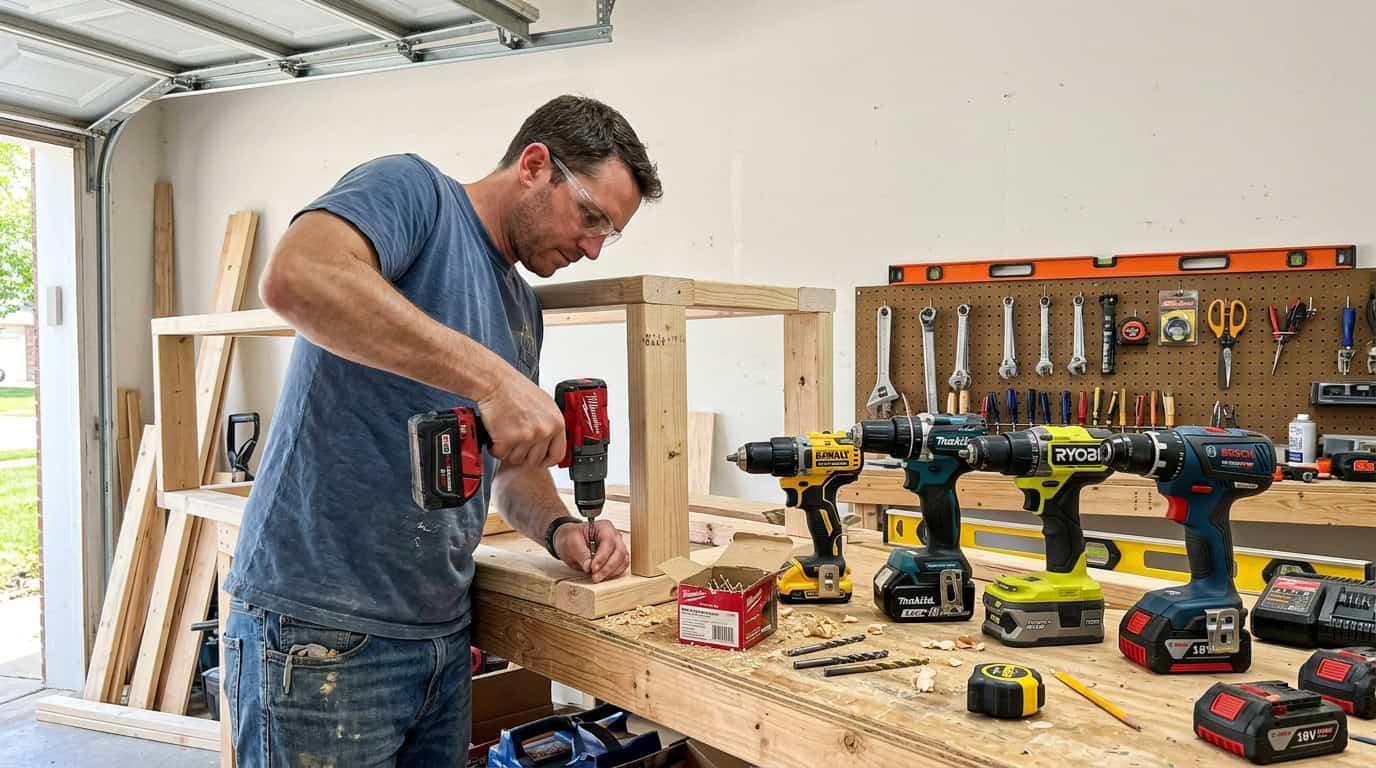 Man working with cordless drill and tools in a woodworking workshop.