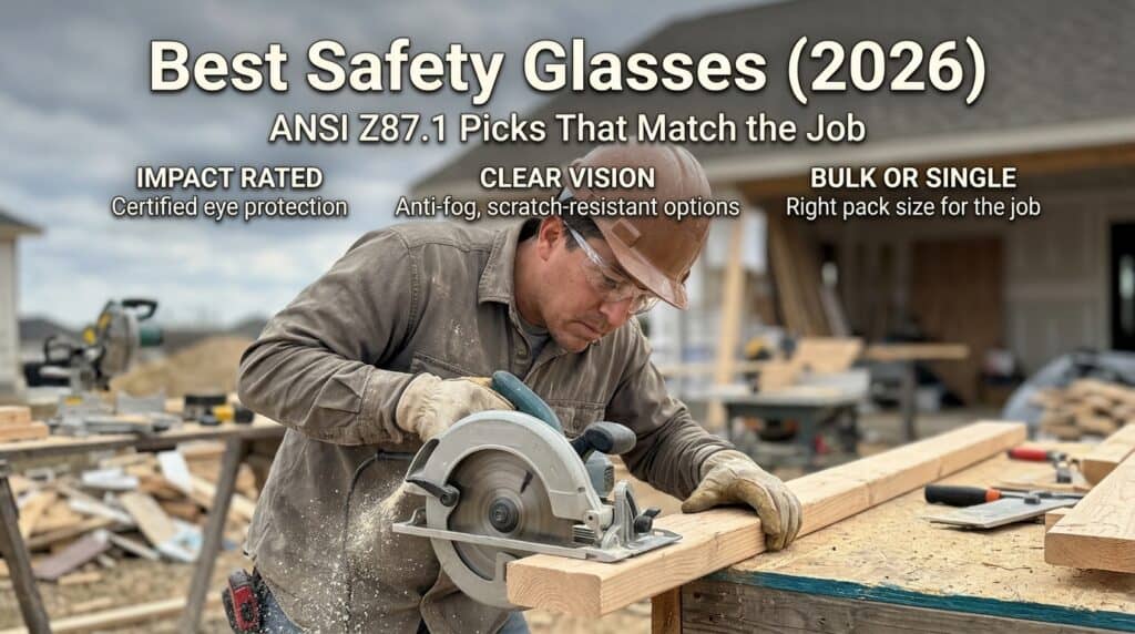 Worker wearing safety glasses using a saw on a construction site.