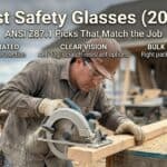 Worker wearing safety glasses using a saw on a construction site.