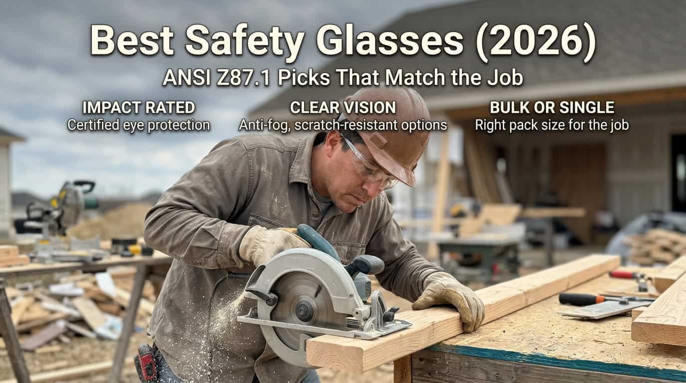 Worker wearing safety glasses using a saw on a construction site.