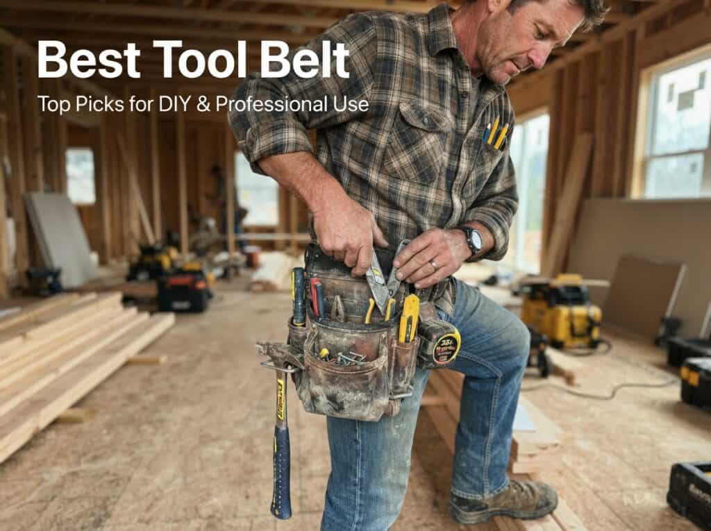 Man wearing a tool belt in a woodworking workshop for DIY and professional use.