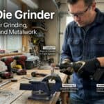 Man using a die grinder on metal in a workshop setting.