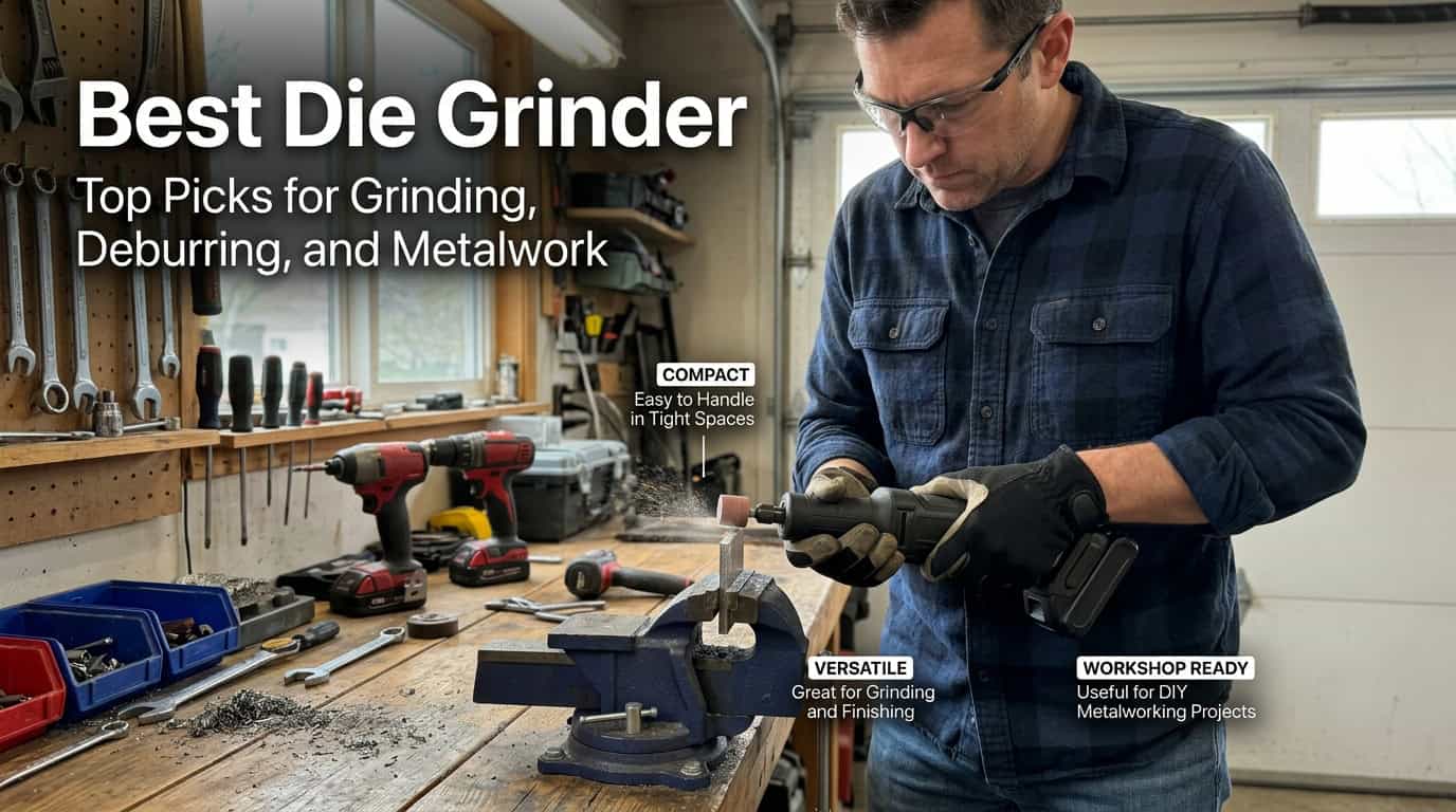 Man using a die grinder on metal in a workshop setting.