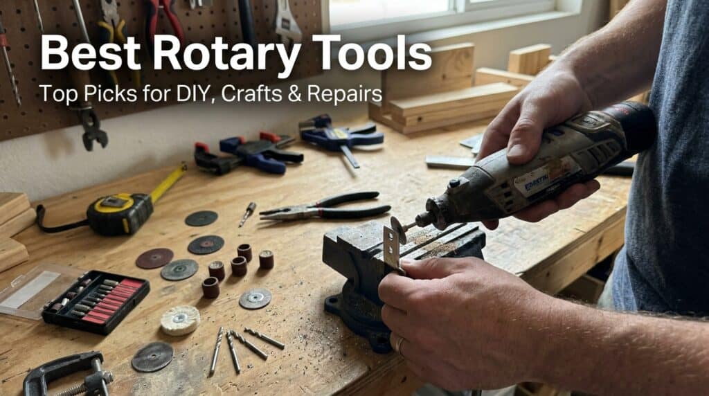 Person using rotary tool on wood in workshop with tools and materials.