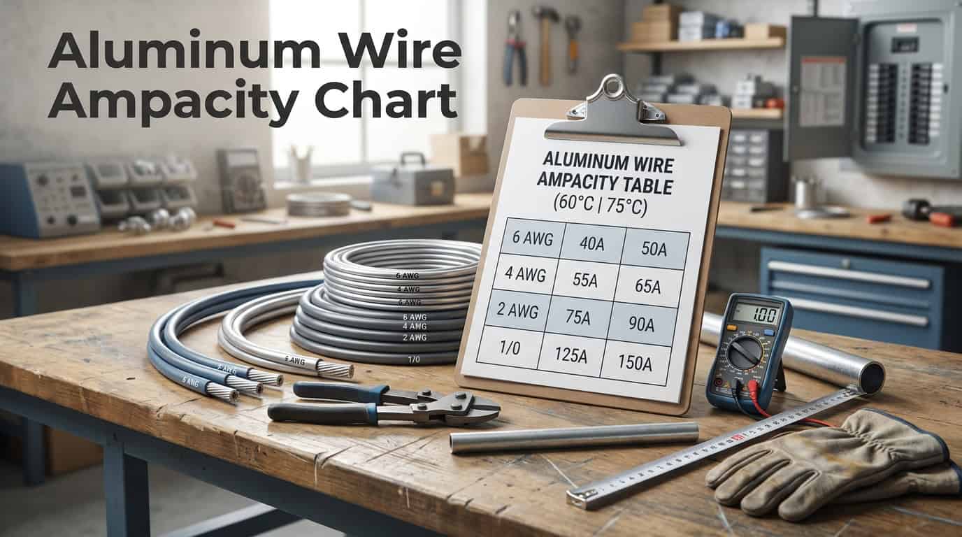 Aluminum wire ampacity chart with gauge sizes and current ratings for electrical safety.
