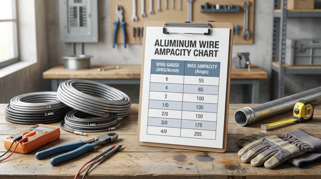 Aluminum wire ampacity chart showing gauge sizes and maximum current capacity for electrical wiring.