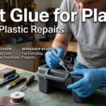 Person applying plastic glue with tools on workbench for repairs.