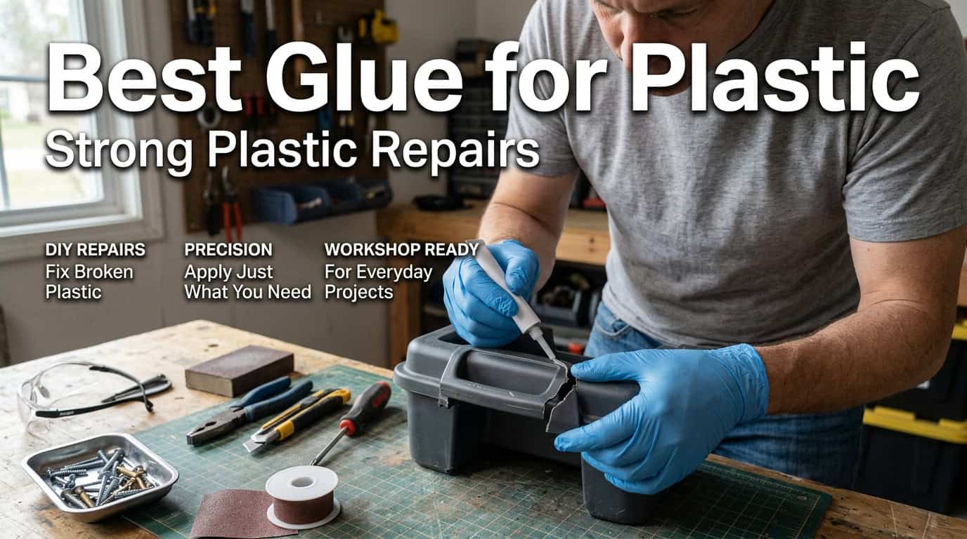 Person applying plastic glue with tools on workbench for repairs.