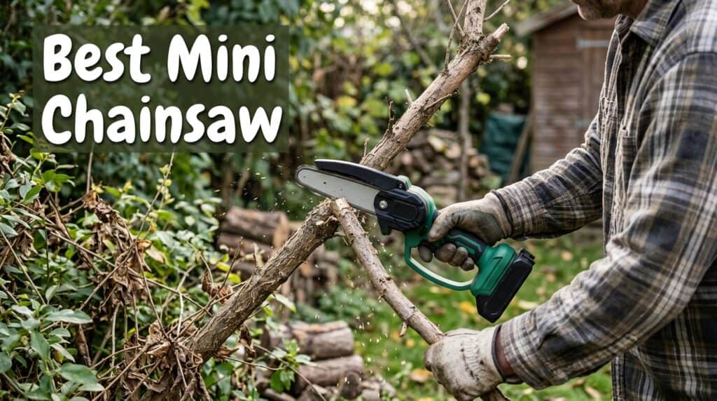 Man using a compact mini chainsaw to cut branches outdoors.