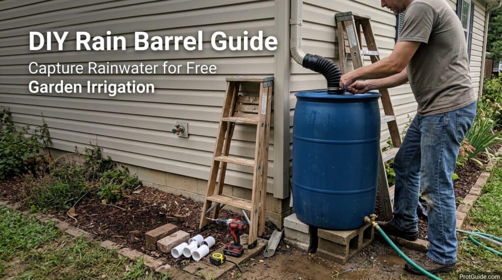 Man setting up a blue rain barrel for garden irrigation outside a house.