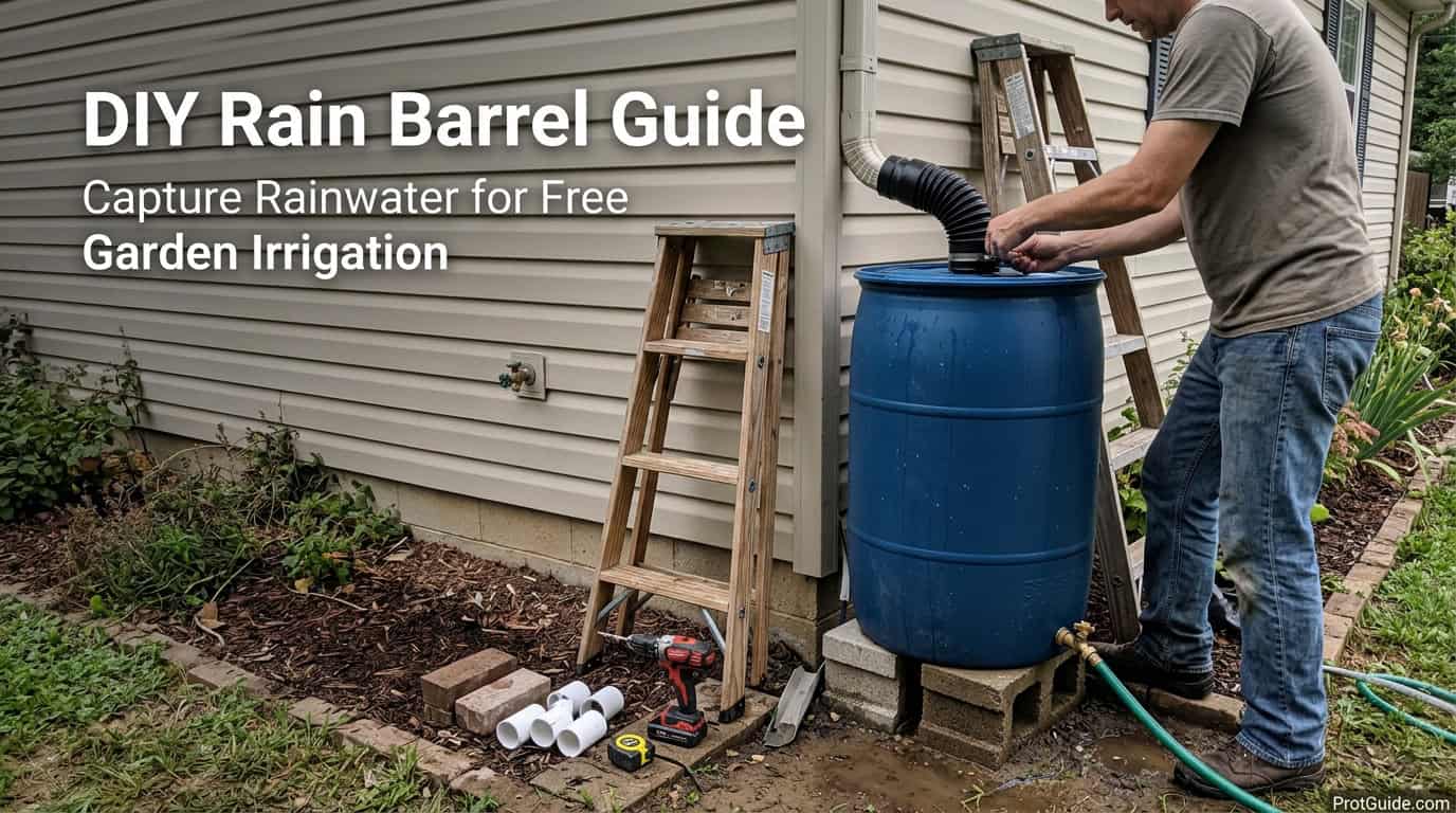 Man setting up a blue rain barrel for garden irrigation outside a house.