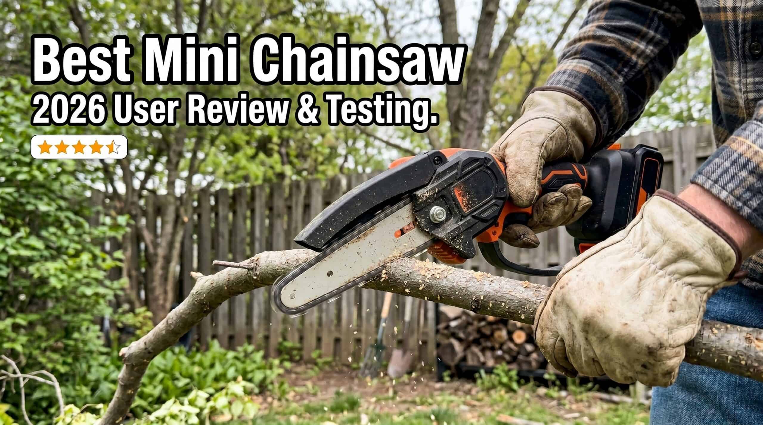 Person using a mini chainsaw to cut a tree branch outdoors in a garden setting.