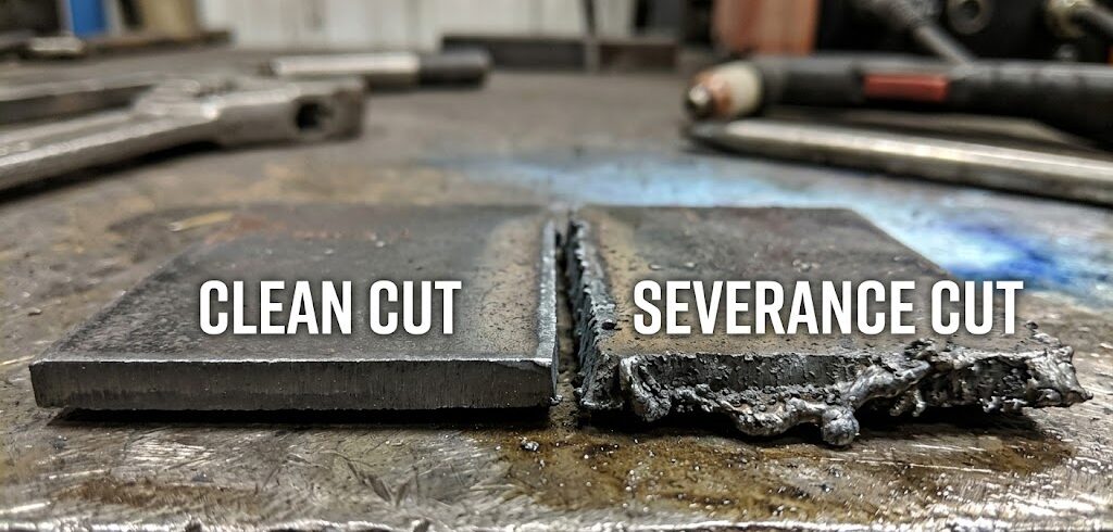 Close-up of clean and severance plasma cuts on metal sheets for fabrication.
