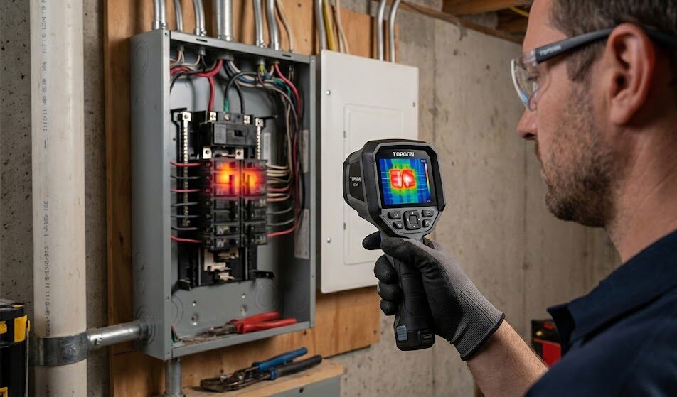 Electrician using TOPDON TC004 thermal imaging camera to scan residential electrical panel showing hot spots