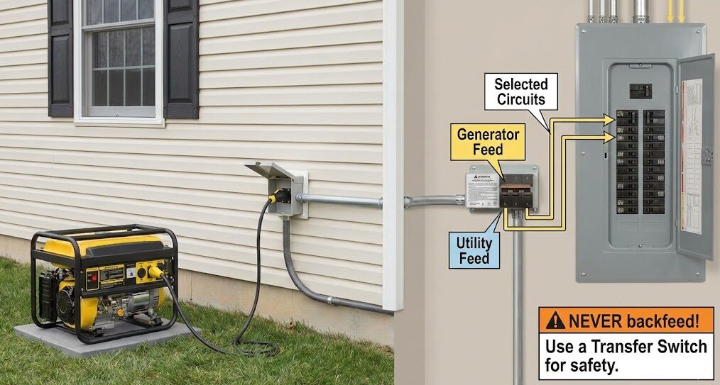 Generator connected to house with transfer switch for backup power.