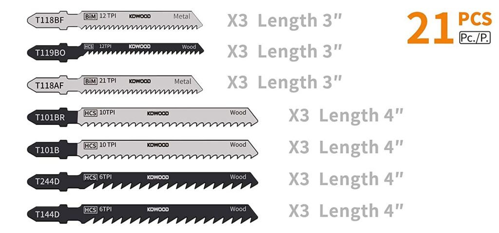 Jigsaw blade variety spread showing different TPI and blade types side by side