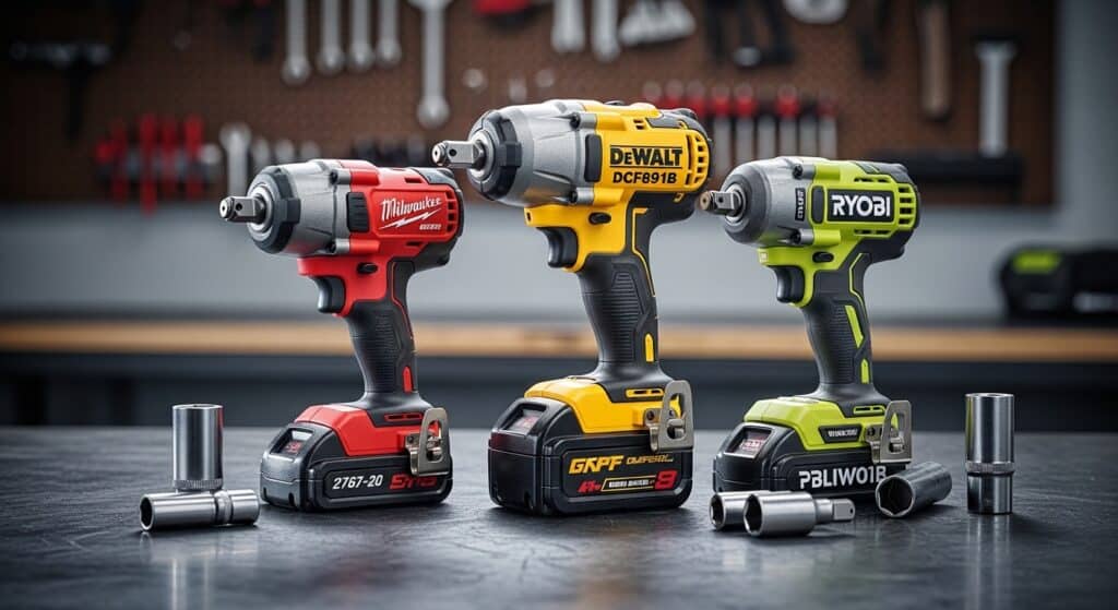High-quality cordless impact drivers from Milwaukee, DeWalt, and RYOBI on a workbench.