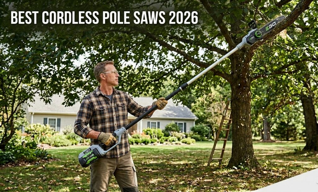 Cordless pole saw cutting tree branches for yard maintenance.
