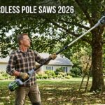 Cordless pole saw cutting tree branches for yard maintenance.