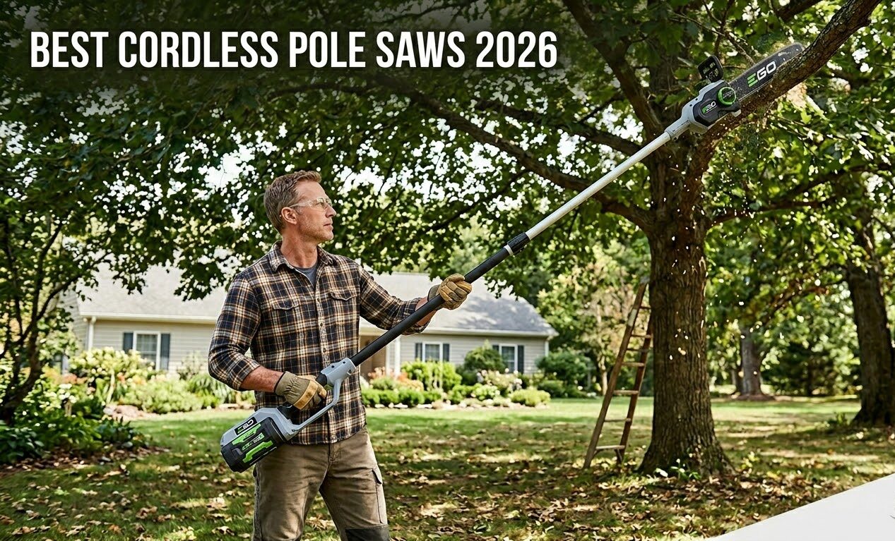 Cordless pole saw cutting tree branches for yard maintenance.