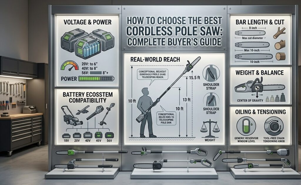 Informative display on choosing the best cordless pole saw with tips on power, length, weight, and s.