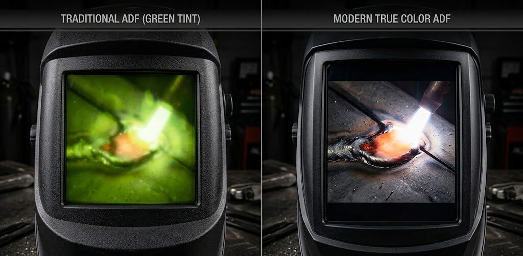 Comparison of traditional green tint and modern true color auto-darkening welding helmets.