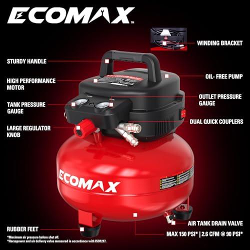 ECOMAX Air Compressor 6 Gallon 150 PSI Pancake Portable Oil-free Tank with 10 PCS Accessories Kit