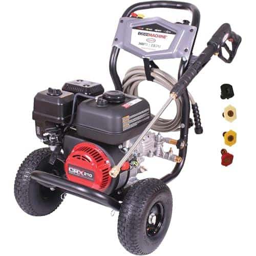 Power washer for cleaning and maintenance tasks, featuring adjustable nozzles and durable wheels.