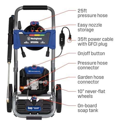 Pressure washer with hose, nozzle, and accessories for cleaning tasks.