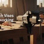 High-quality woodworking bench vise on a sturdy workbench in a workshop.