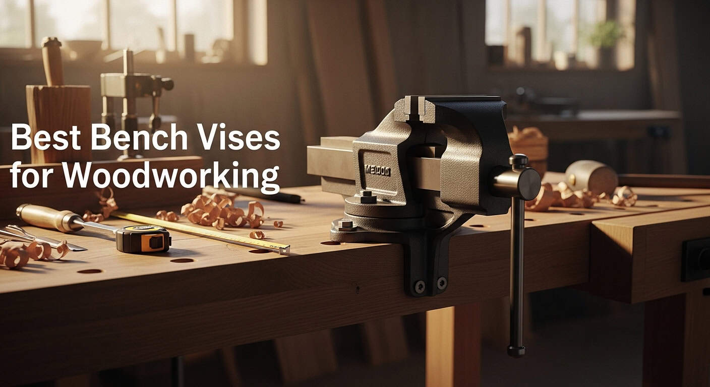 High-quality woodworking bench vise on a sturdy workbench in a workshop.