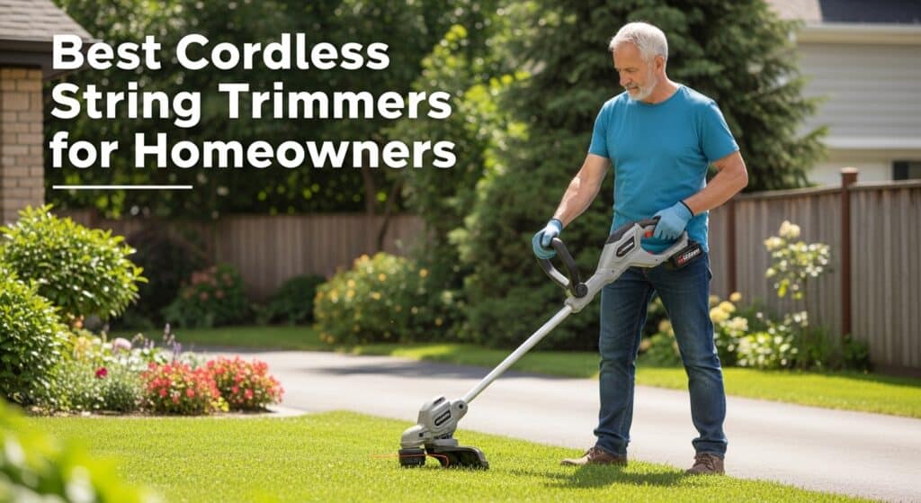 Elderly man using a cordless string trimmer in a lush garden.