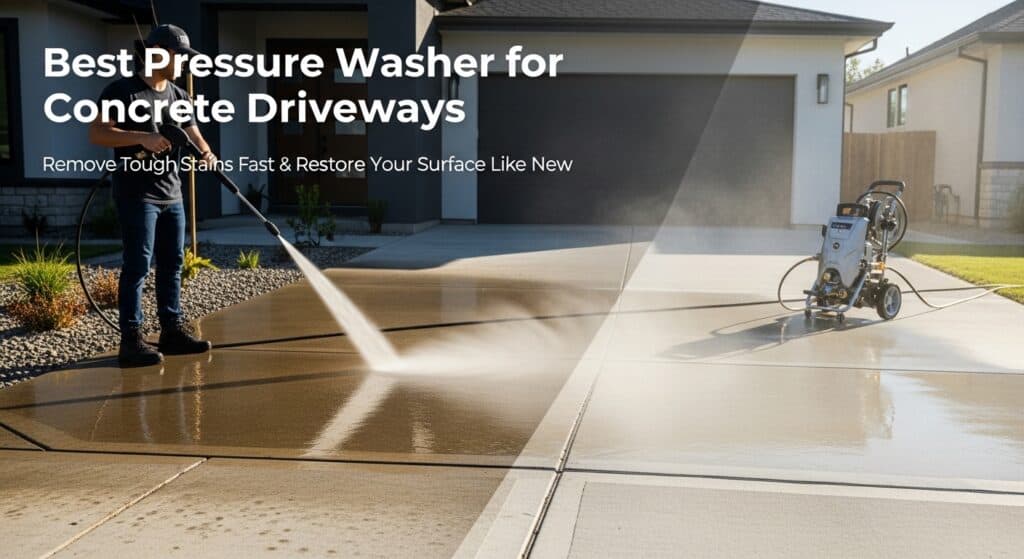 Person using pressure washer on concrete driveway for cleaning and restoration.