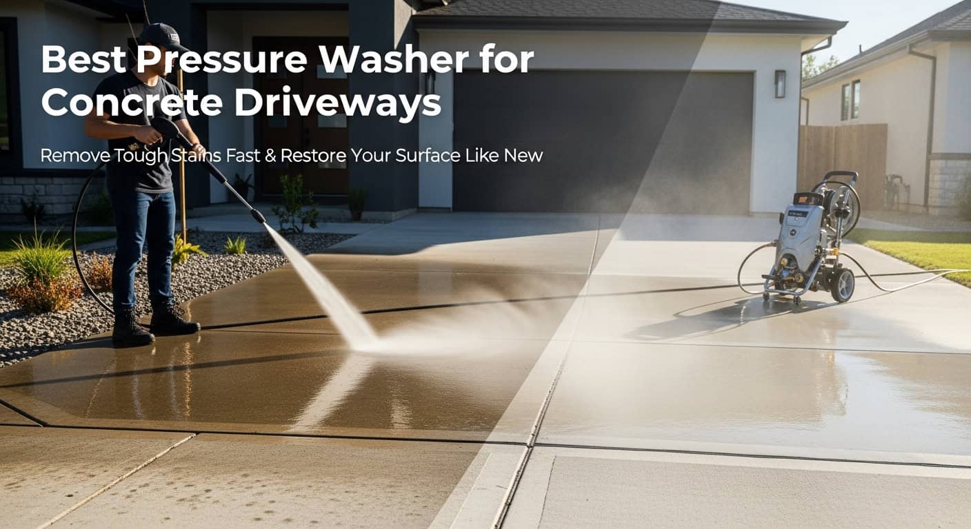 Person using pressure washer on concrete driveway for cleaning and restoration.