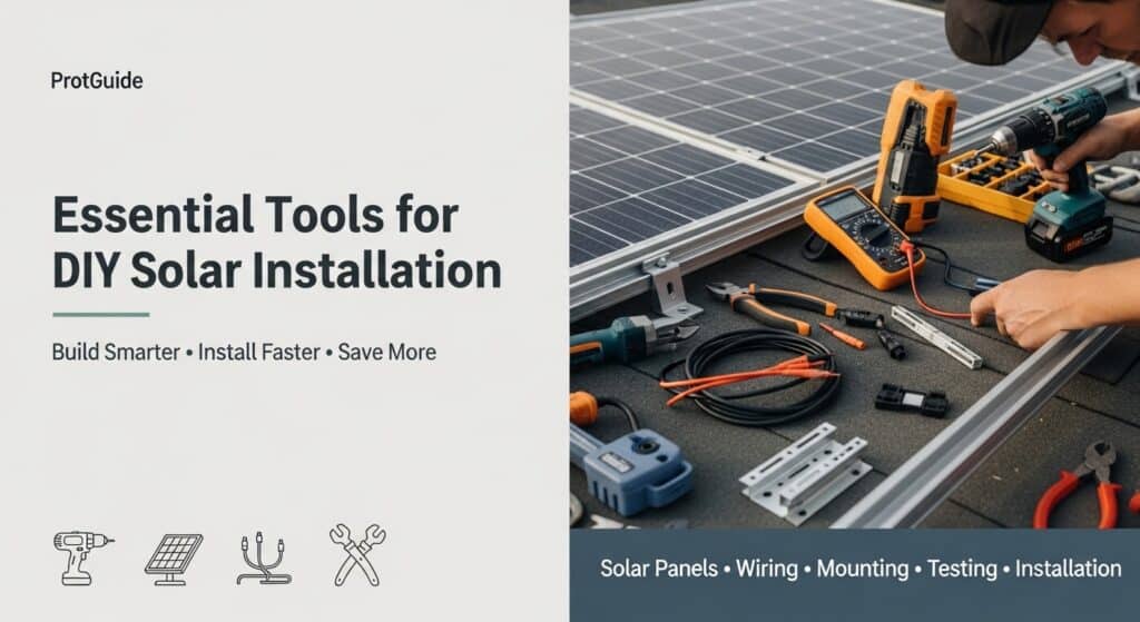 Solar installation tools including wiring, mounting, and testing equipment for DIY projects.