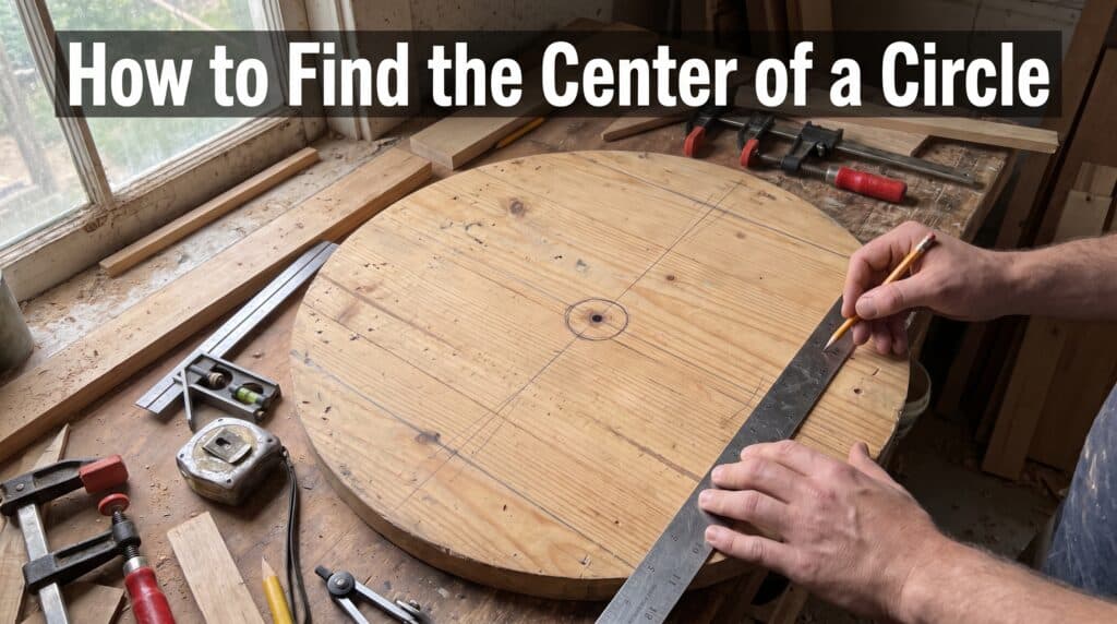 Person measuring the center of a wooden circle with a ruler and tools.