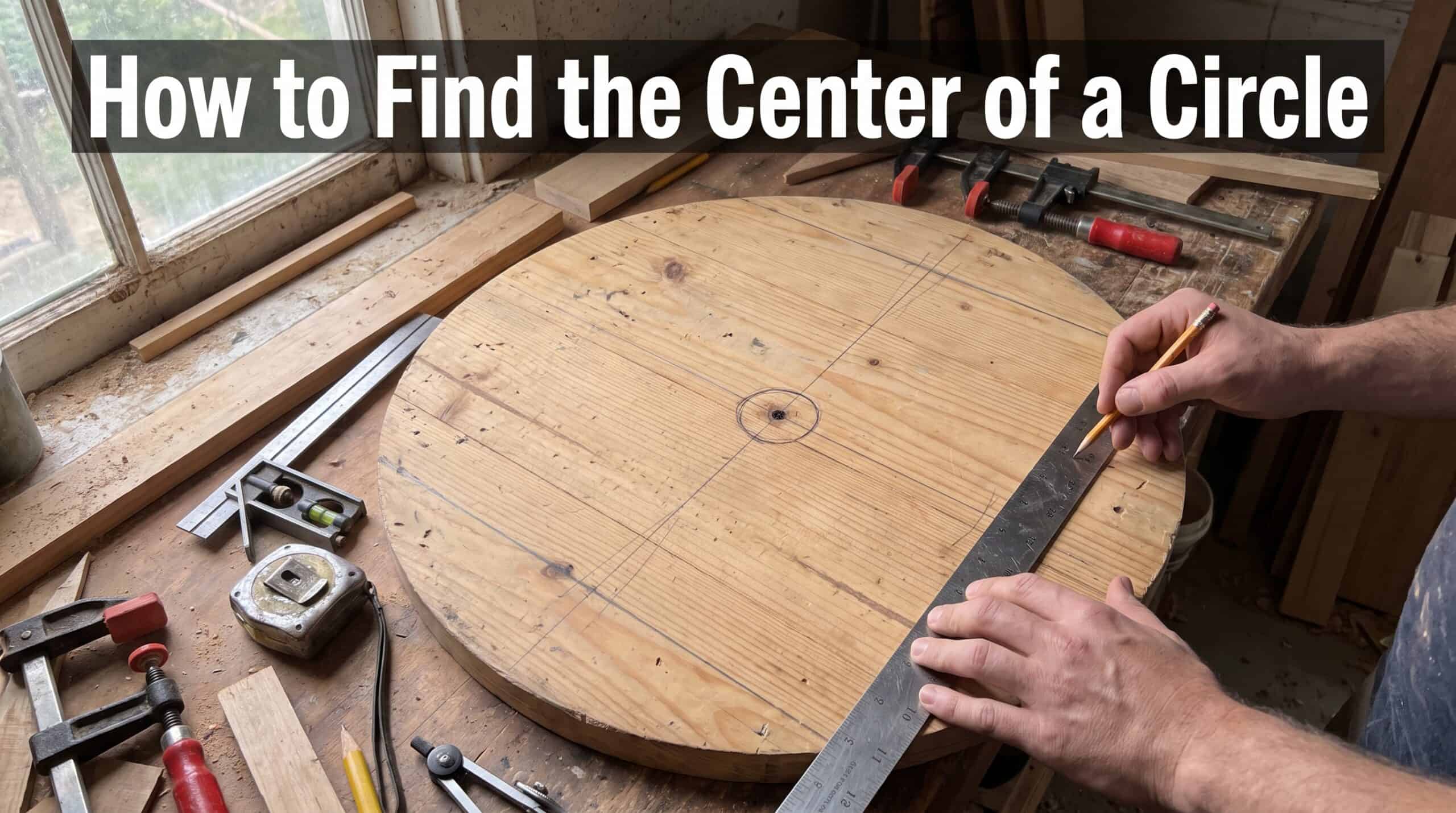 Person measuring the center of a wooden circle with a ruler and tools.