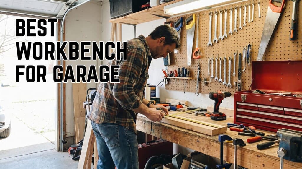 Workbench setup with tools in a garage workspace.
