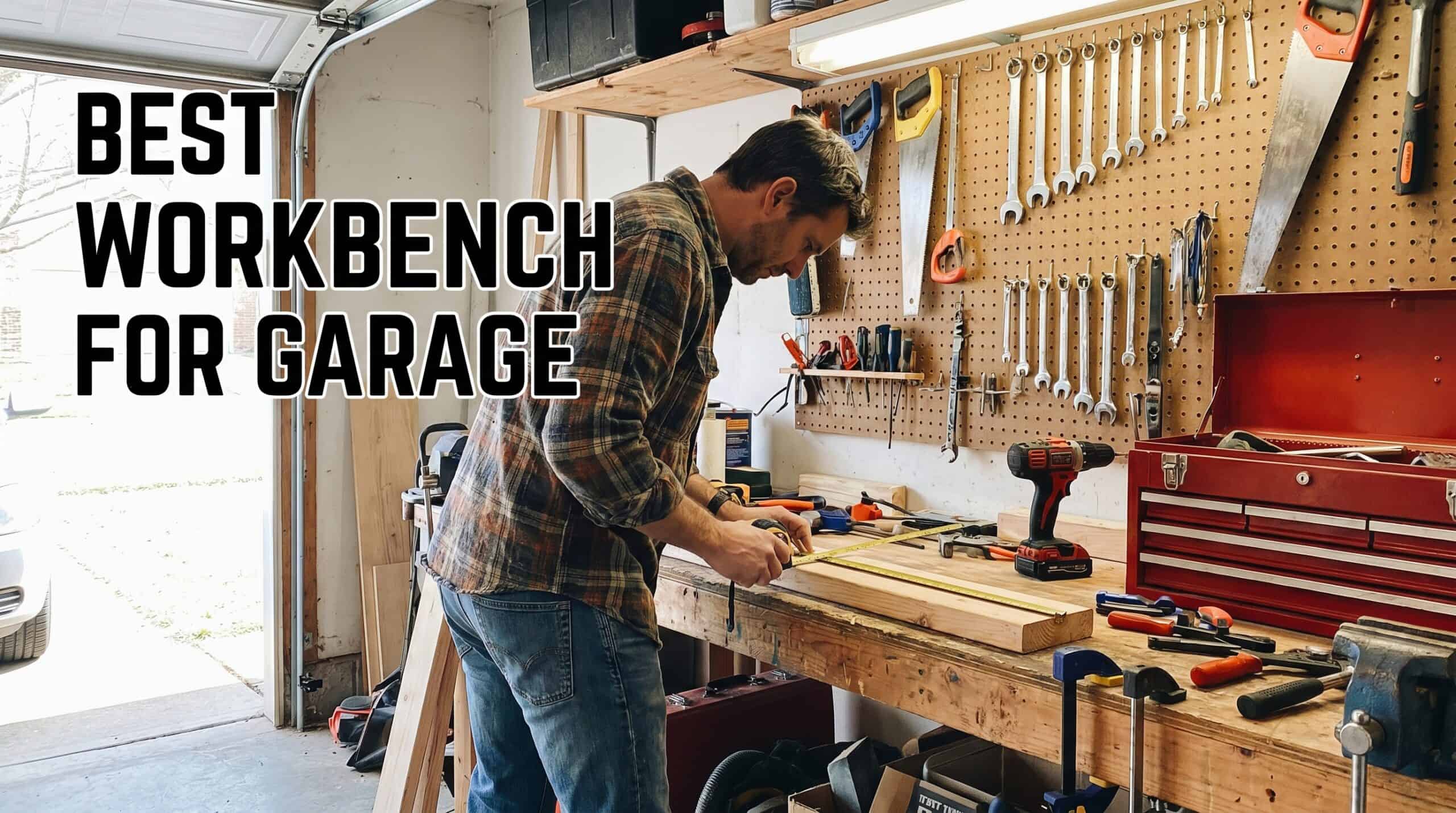 Workbench setup with tools in a garage workspace.