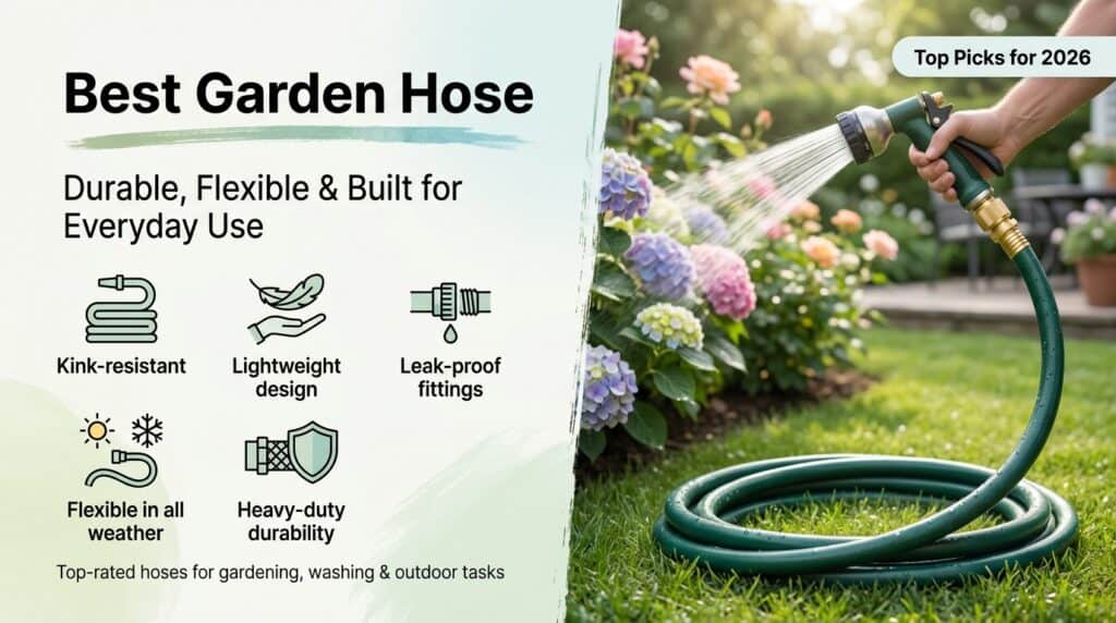 Durable garden hose reel with leak-proof fittings and lightweight design for easy watering.