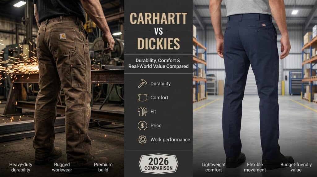 Durability and comfort comparison of Carhartt and Dickies work pants.
