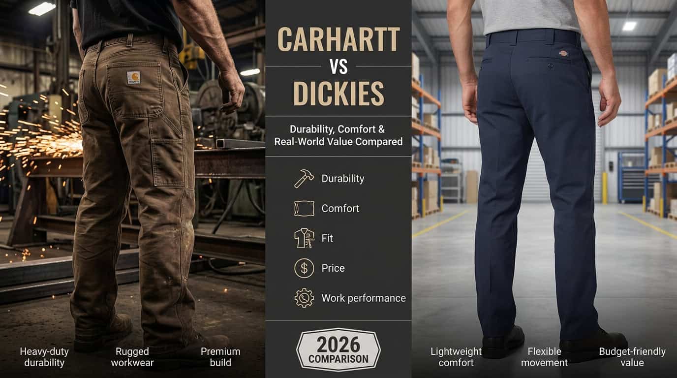 Durability and comfort comparison of Carhartt and Dickies work pants.