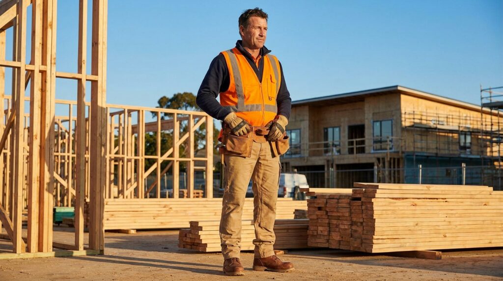 Construction worker in safety vest on a building site with wooden framework.